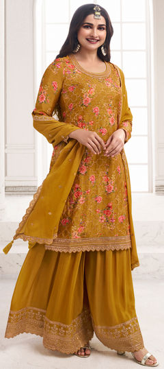 Yellow color Salwar Kameez in Art Silk fabric with Embroidered, Floral, Printed, Sequence, Thread work