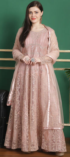 Mehendi Sangeet, Reception, Wedding Pink and Majenta color Salwar Kameez in Net fabric with Anarkali Embroidered, Sequence, Thread work : 1938948