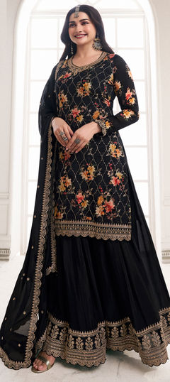Black and Grey color Salwar Kameez in Art Silk fabric with Embroidered, Floral, Printed, Sequence, Thread work