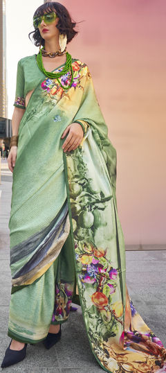 Green color Saree in Satin Silk fabric with Digital Print, Floral work