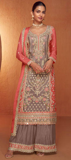 Purple and Violet, Red and Maroon color Salwar Kameez in Silk fabric with Embroidered, Sequence, Thread, Zari work