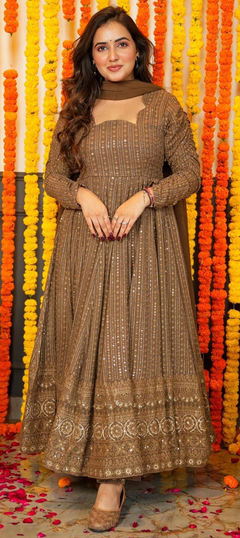 Beige and Brown color Gown in Faux Georgette fabric with Embroidered, Sequence, Zari work