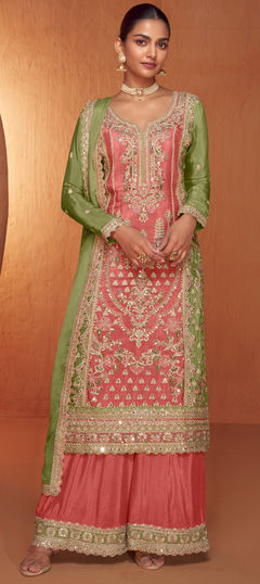 Green, Red and Maroon color Salwar Kameez in Silk fabric with Embroidered, Sequence, Thread, Zari work