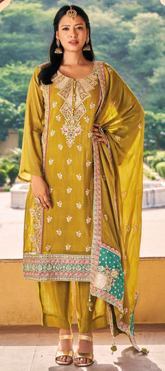 Yellow color Salwar Kameez in Silk fabric with Embroidered, Sequence, Stone, Thread work