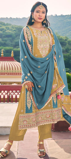 Yellow color Salwar Kameez in Silk fabric with Embroidered, Sequence, Stone, Thread work