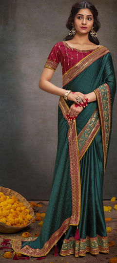 Green color Saree in Satin Silk fabric with Border, Swarovski, Thread, Zircon work