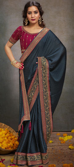 Black and Grey color Saree in Satin Silk fabric with Border, Swarovski, Thread, Zircon work