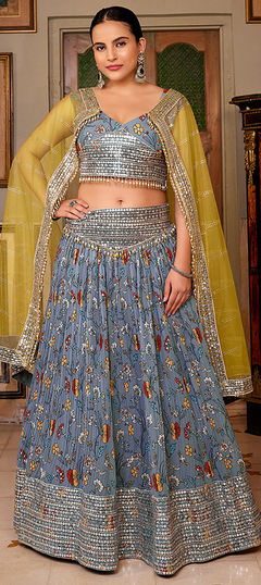 Reception, Wedding Black and Grey color Lehenga in Georgette fabric with Flared Printed, Sequence work : 1939038