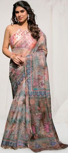 Beige and Brown color Saree in Organza Silk fabric with Floral, Printed work