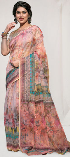 Pink and Majenta color Saree in Organza Silk fabric with Floral, Printed work