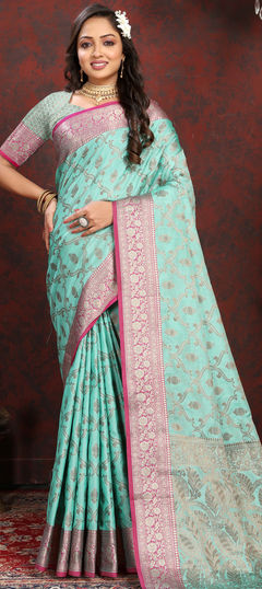 Blue color Saree in Silk cotton fabric with Weaving, Zari work