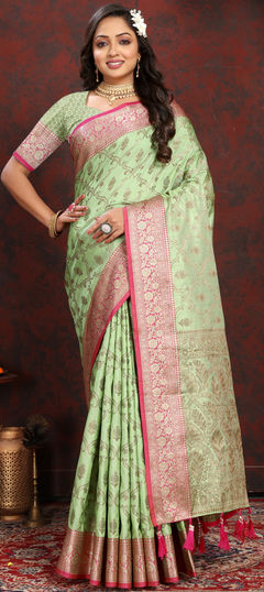 Party Wear, Traditional Green color Saree in Silk cotton fabric with South Weaving, Zari work : 1939094