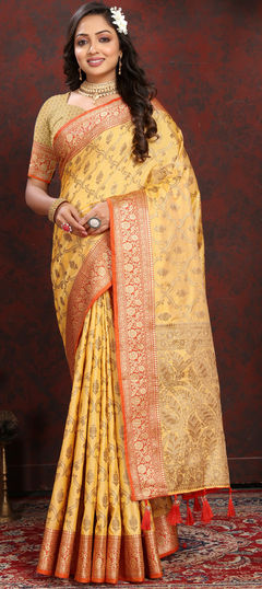 Yellow color Saree in Silk cotton fabric with Weaving, Zari work