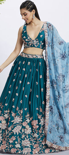 Blue color Lehenga in Georgette fabric with Embroidered, Sequence, Thread work