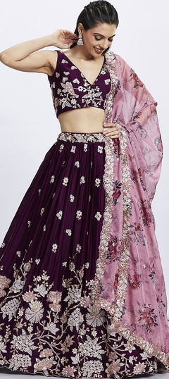 Purple and Violet color Lehenga in Georgette fabric with Embroidered, Sequence, Thread work