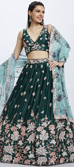 Green color Lehenga in Georgette fabric with Embroidered, Sequence, Thread work