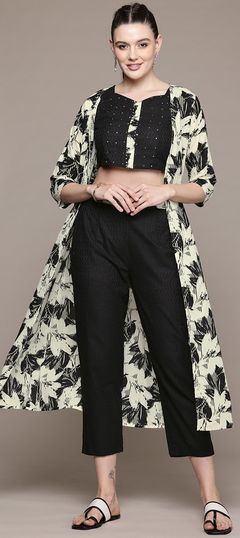 Black and Grey color Co-ords Set in Cotton fabric with Cut Dana, Printed, Sequence work