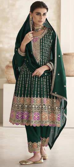 Green color Salwar Kameez in Silk fabric with Embroidered, Sequence, Thread, Zari work