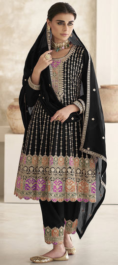 Black and Grey color Salwar Kameez in Silk fabric with Embroidered, Sequence, Thread, Zari work