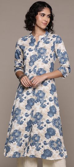 Summer Blue color Kurti in Cotton fabric with Straight Cut Dana, Mirror, Printed work : 1939153