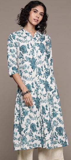 Summer Blue color Kurti in Cotton fabric with Straight Floral, Printed, Sequence work : 1939154