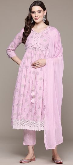 Festive, Summer Pink and Majenta color Salwar Kameez in Cotton fabric with A Line Cut Dana, Foil Print, Lace, Printed work : 1939188