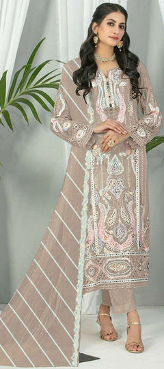 Beige and Brown color Salwar Kameez in Faux Georgette fabric with Embroidered, Sequence, Thread work