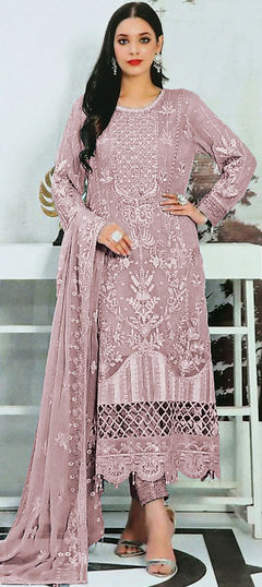 Purple and Violet color Salwar Kameez in Faux Georgette fabric with Embroidered, Sequence, Thread work