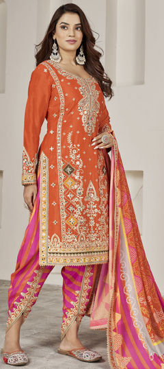 Orange color Salwar Kameez in Silk fabric with Embroidered, Mirror, Sequence work