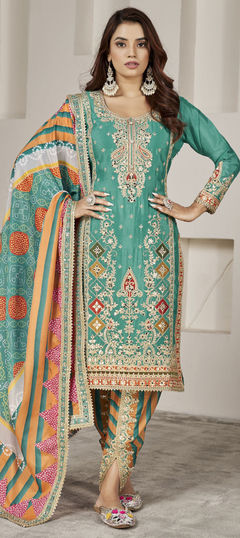 Green color Salwar Kameez in Silk fabric with Embroidered, Mirror, Sequence work