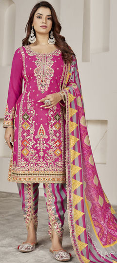 Pink and Majenta color Salwar Kameez in Silk fabric with Embroidered, Mirror, Sequence work