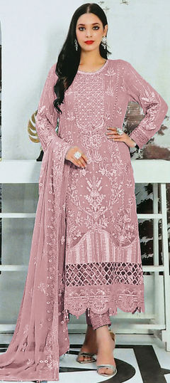 Pink and Majenta color Salwar Kameez in Faux Georgette fabric with Embroidered, Sequence, Thread work