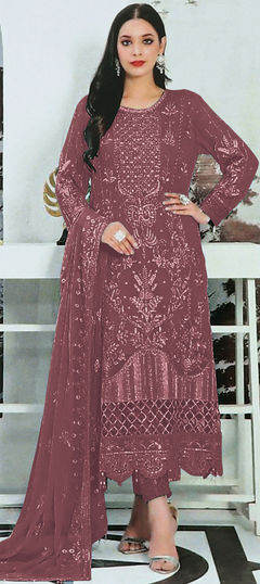 Red and Maroon color Salwar Kameez in Faux Georgette fabric with Embroidered, Sequence, Thread work