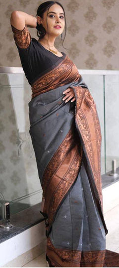 Black and Grey color Saree in Art Silk fabric with Weaving work