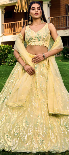 Yellow color Lehenga in Net fabric with Embroidered, Sequence, Thread work