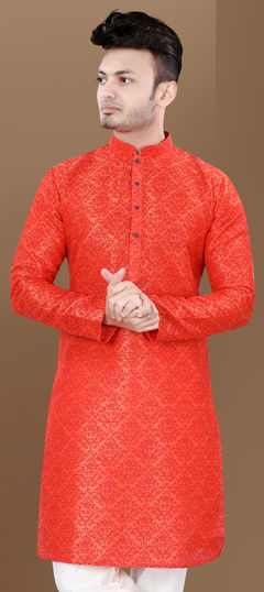 Orange color Kurta in Rayon fabric with Weaving work