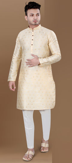 Beige and Brown color Kurta Pyjamas in Jacquard fabric with Weaving work