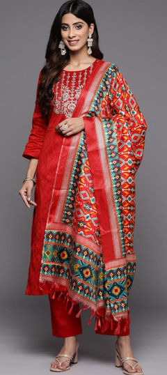 Festive, Reception Red and Maroon color Salwar Kameez in Viscose fabric with Straight Embroidered, Thread, Zari work : 1939336