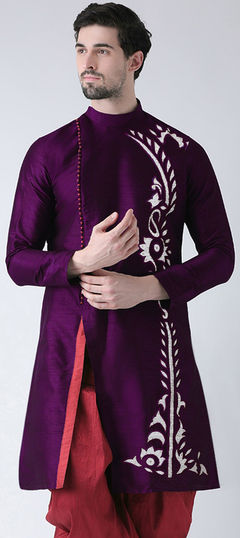 Purple and Violet color Kurta in Dupion Silk fabric with Embroidered, Thread work