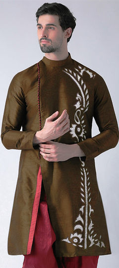 Beige and Brown color Kurta in Dupion Silk fabric with Embroidered, Thread work