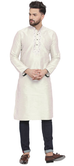 White and Off White color Kurta Pyjamas in Dupion Silk fabric with Embroidered, Thread work