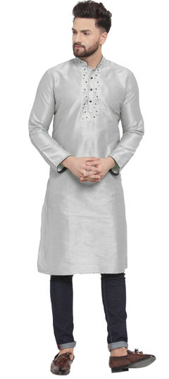 Black and Grey color Kurta Pyjamas in Dupion Silk fabric with Embroidered, Thread work