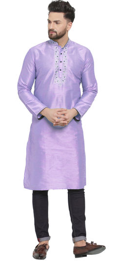 Purple and Violet color Kurta Pyjamas in Dupion Silk fabric with Embroidered, Thread work