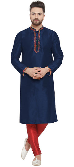 Blue color Kurta Pyjamas in Dupion Silk fabric with Embroidered, Thread work