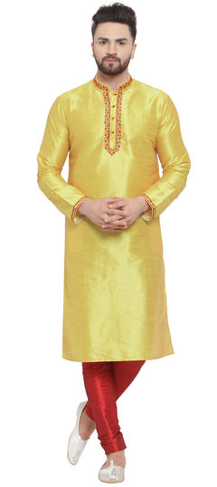 Yellow color Kurta Pyjamas in Dupion Silk fabric with Embroidered, Thread work