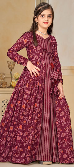 Festive Red and Maroon color Girls Gown in Muslin fabric with Digital Print work : 1939432