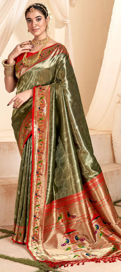 Green color Saree in Tissue fabric with Weaving, Zari work
