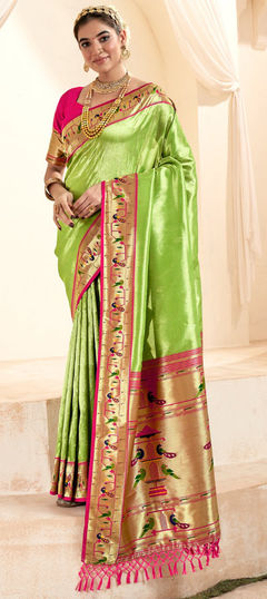 Green color Saree in Tissue fabric with Weaving, Zari work