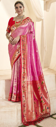 Pink and Majenta color Saree in Tissue fabric with Weaving, Zari work