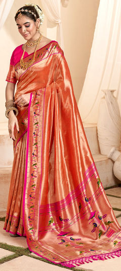 Beige and Brown color Saree in Tissue fabric with Weaving, Zari work